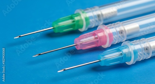 Closeup view of three medical hypodermic needles with colored hubs green, pink, blue resting on a vibrant blue surface Background image