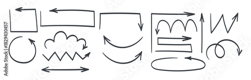 Arrows icons. Doodle arrows. Arrows pointing in different directions. Elements for infographics. Vector illustration