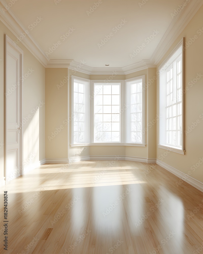 Obraz premium Minimal clean warm interior room wooden floor subtle creamy wall lightly lit