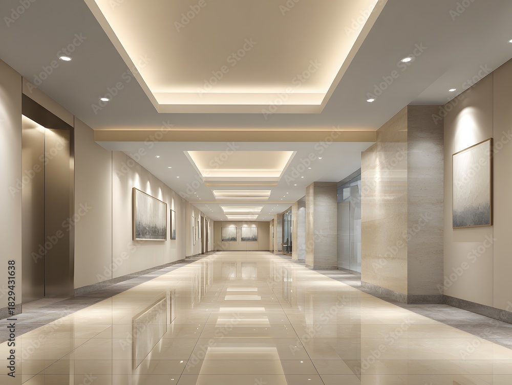 Obraz premium High clarity interior blank hall warmed floor neutral wall silk lighting