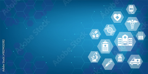 Medical background and healthcare abstract technology with flat icons. Design template of concept for hospital, health care business, innovation medicine, science. Vector illustration.