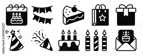 Birthday Icon Set Festive Solid Style Collection for Celebrations and Joy
