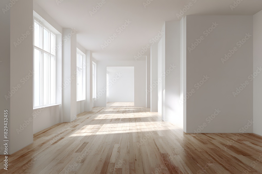 Obraz premium Light filled hall interior warm planks plain wall minimal backdrop
