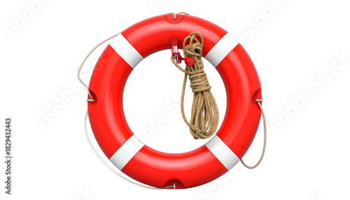 A red and white life preserver with rope, against a transparent background