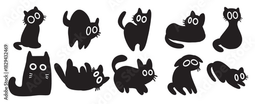 Black cat cartoon drawing Bundle set
