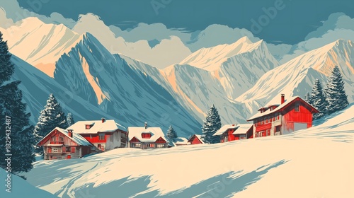 Winter alpine village with red chalets in snowy mountains. Vintage travel poster style illustration.