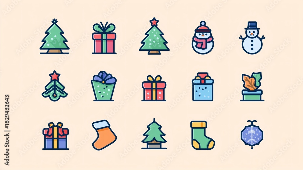 Obraz premium Playful Christmas icon collection. Vector set of festive symbols like trees, gifts, snowmen, and stockings on a light background.