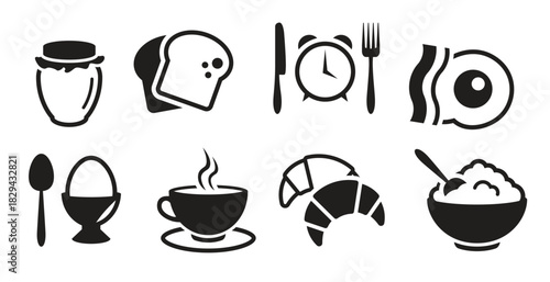 breakfast icons set black on a white background