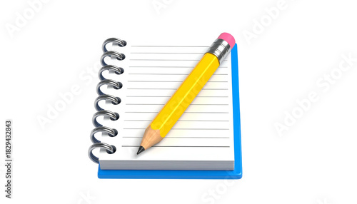 A spiral-bound notepad with lined paper, resting with a yellow pencil on a blue background
