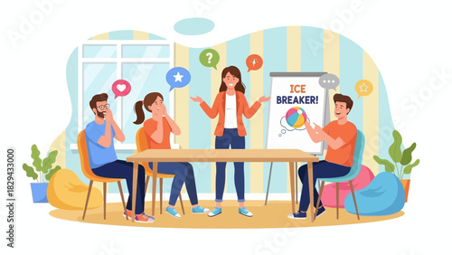 A team of four people participating in a team-building icebreaker activity.