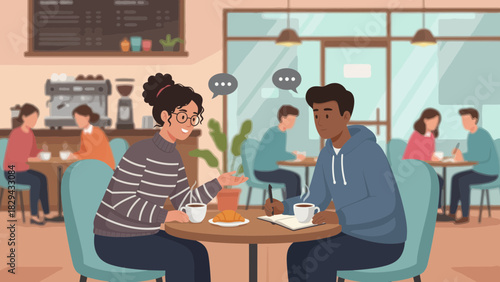 Two people conversing at a cafe table, surrounded by other patrons, enjoying beverages.