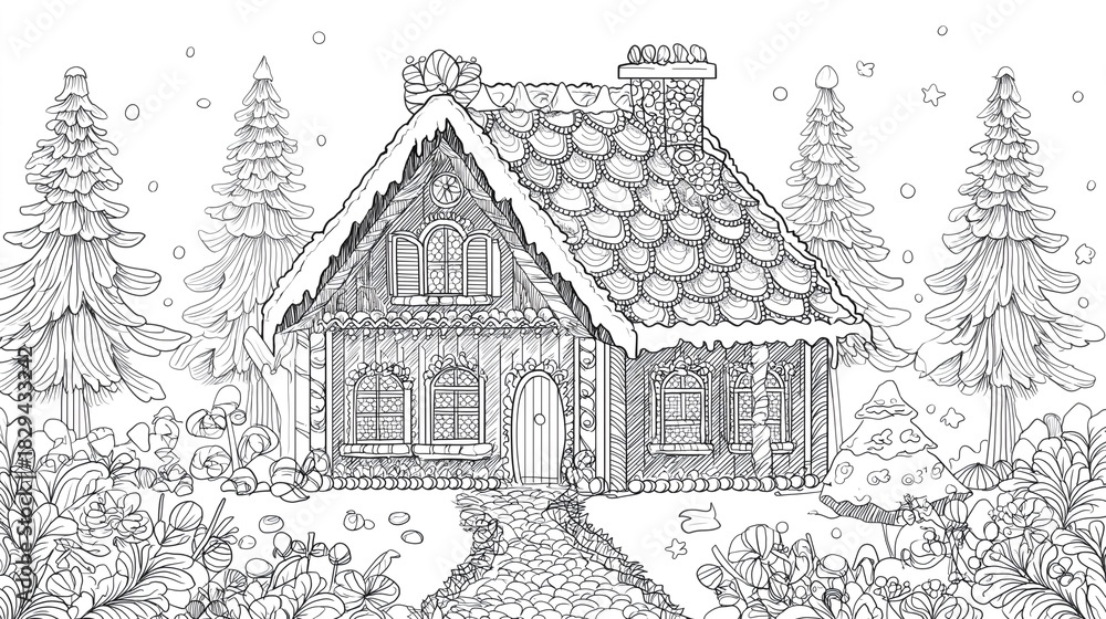 Naklejka premium Fairy tale gingerbread house in a snowy forest, coloring page line art illustration.