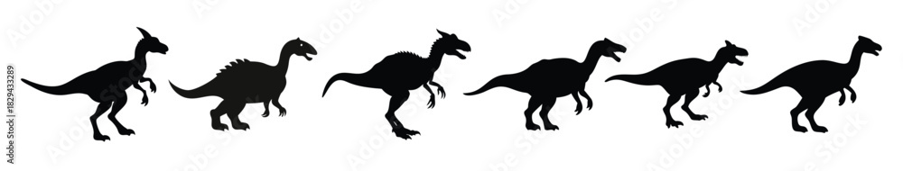 Fototapeta premium Black Silhouette Dinosaur Icons Set - Prehistoric Creatures Vector Illustration