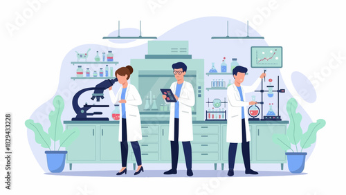 Three scientists in lab coats conduct experiments in a modern laboratory with equipment and plants.