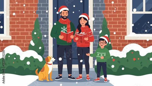 Family in Santa hats and Christmas sweaters caroling in front of a brick house with a dog in the snow.