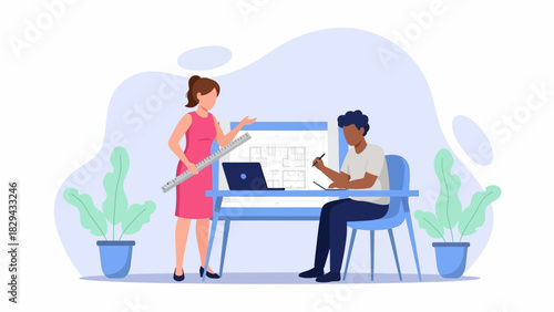 A woman holds a ruler while discussing a design with a man seated at a drafting table with a laptop.