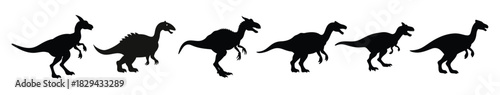  Black Silhouette Dinosaur Icons Set - Prehistoric Creatures Vector Illustration