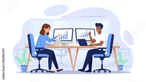 Two colleagues collaborating at a desk, analyzing data displayed on computer screens.