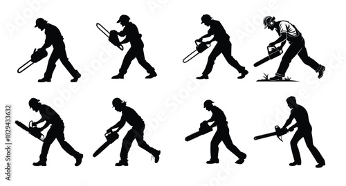 Chainsaw Worker Silhouettes Set: Tree Cutting and Logging Actions for Industrial Use