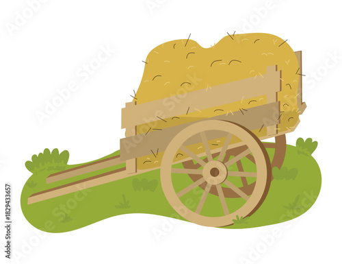 Rustic wooden cart filled with hay, set against a simple natural backdrop. This vector illustration highlights traditional farming equipment and rural lifestyle concepts.