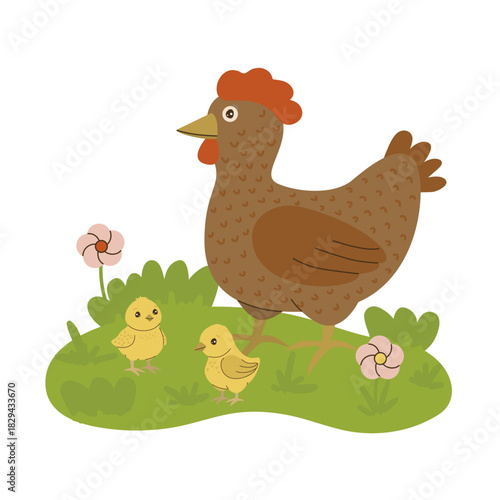 Vector illustration of a hen with her two chicks standing on grass surrounded by flowers. The image uses simplicity and vibrant colors to depict a natural farm scene.