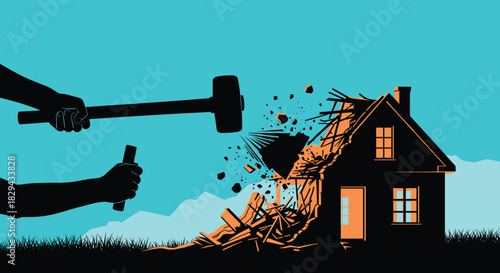 Silhouettes of hands smashing a house with a sledgehammer and a chisel, symbolizing destruction.