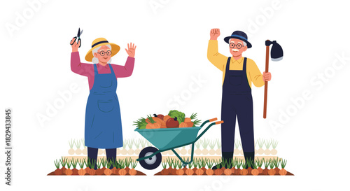 Happy elderly farmers celebrating their harvest with a wheelbarrow full of vegetables in a field.