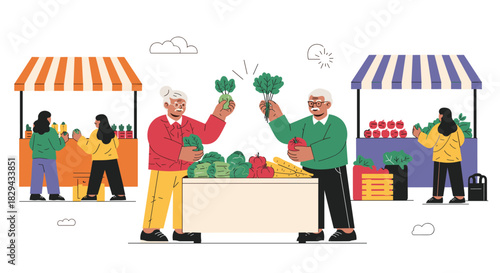 Elderly couple shopping for fresh produce at a vibrant outdoor market stall.