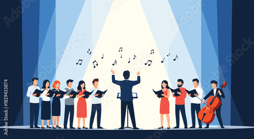 A choir performs a song under a spotlight with musical notes floating above them.