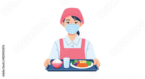 A masked server wearing an apron and cap holds out a tray of food.