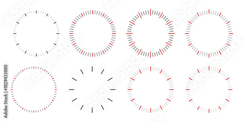 Clock dial watch face vector set. Black clock icon collection with analog faces and clockwise arrows Vector illustration