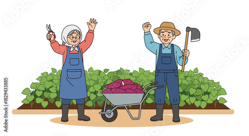 Happy farmers celebrating their sweet potato harvest with a wheelbarrow full of produce.