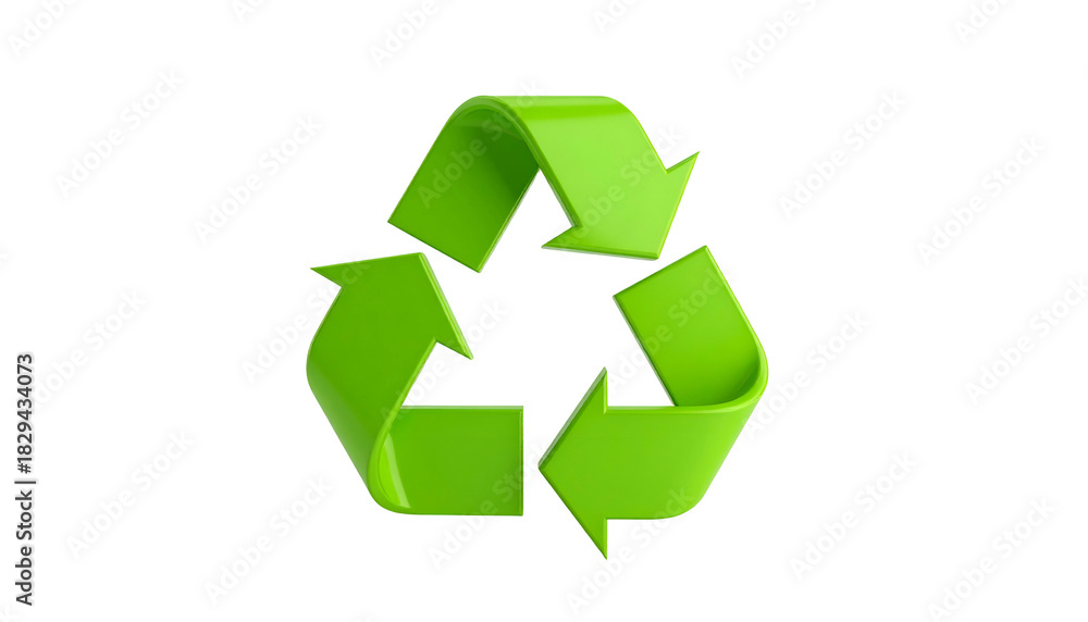 Fototapeta premium Glossy, green, three-arrow symbol, representing cyclical process against a black background