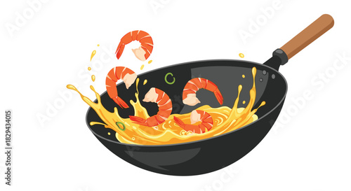 Animated shrimp splashing in hot oil in a wok with green onions.