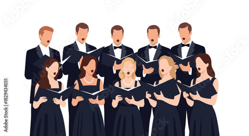 Group of singers in formal attire performing together, holding music sheets a concert.