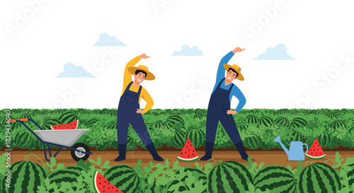 Farmers in straw hats and overalls doing stretching exercises in a field full of watermelons.
