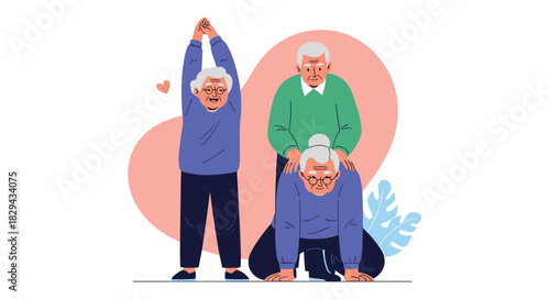 Three elderly people doing various yoga poses together on a white background.