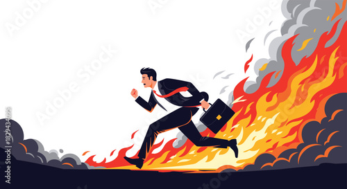 A businessman in a suit runs away from a large fire and smoke, symbolizing escape from crisis.