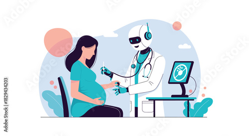 Robot doctor administers injection to pregnant woman with medical monitor in background.
