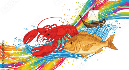 A vibrant scene featuring a red lobster and a golden fish swimming in blue waves beside a sailing ship, with a colorful rainbow abstract design behind.