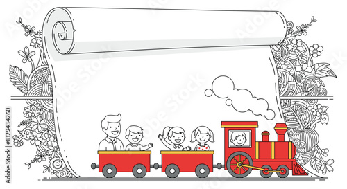 Happy children and an adult ride a red train on a scroll with floral decorations.