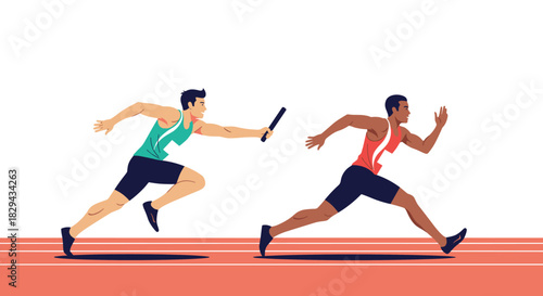 Athletes passing a baton during a relay race on a track.