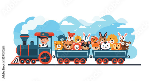 A cartoon train filled with cute animals and a smiling conductor, traveling through a whimsical landscape.