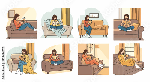 Woman reading book on sofa in cozy home scenes