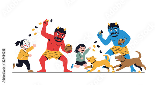 Children and demons throwing beans at each other during a festive Japanese celebration.