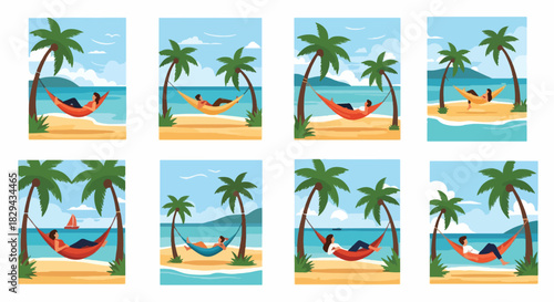 Tropical beach relaxation with hammocks and palm trees