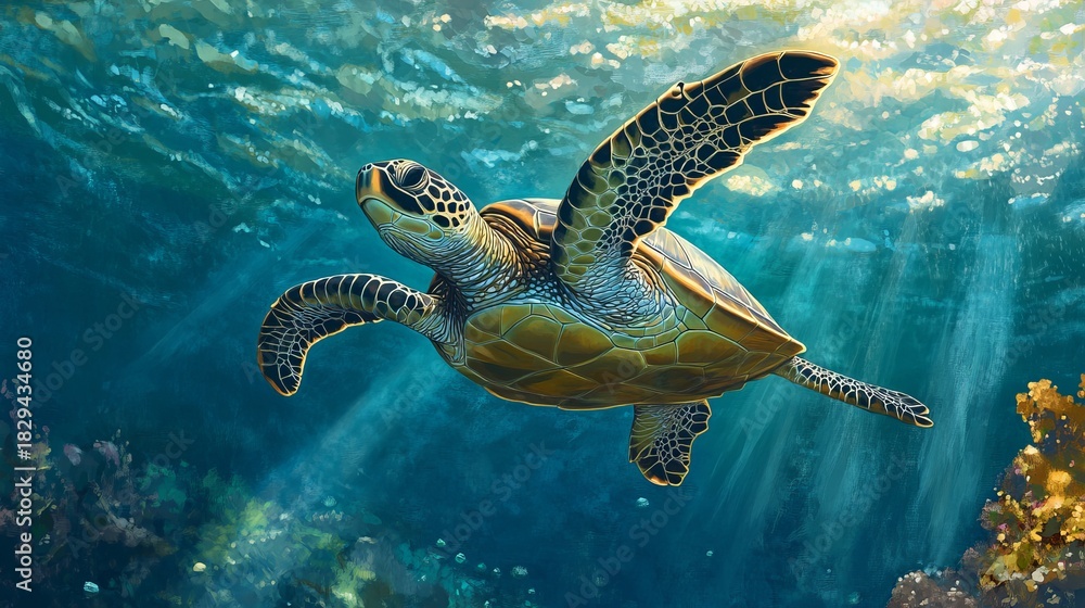Obraz premium Green sea turtle gliding gracefully underwater in clear ocean waters, marine life and coral habitat