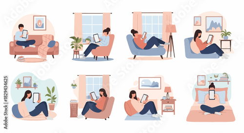 People relaxing at home reading on tablets