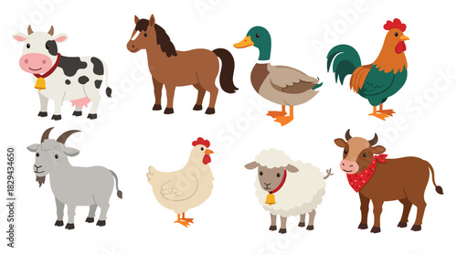 collection of diverse farm animals in a stylized cartoon