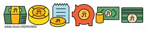  chinese yuan piggy bank coin and bill icons set illustration